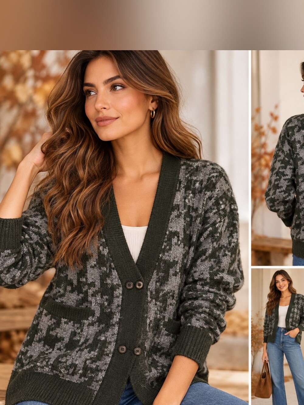 Madewell Olive and Gray Houndstooth V-Neck Cardigan